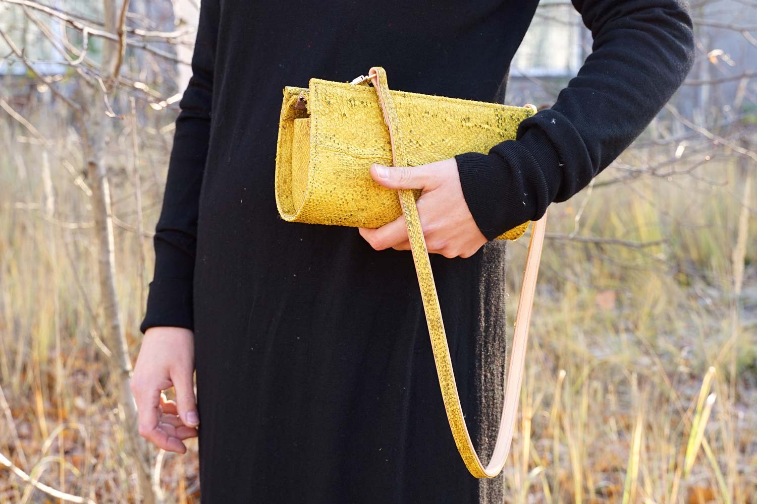 Evening bag made from saffron yellow cod leather